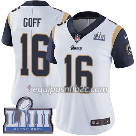 Camiseta Mujer NFL Los Angeles Rams Jared Goff 16 Nike Blanco 2019 Super Bowl LIII 